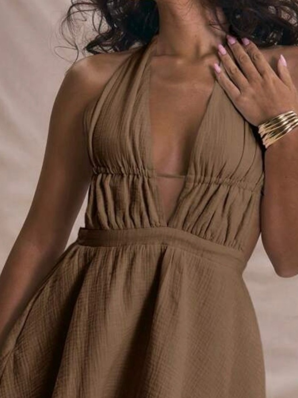 Brown Halter V-Neck Gathered Waist Dress